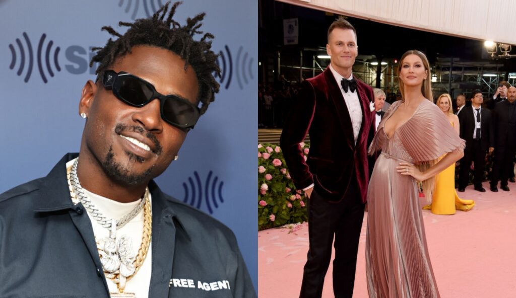 One picture shows Antonio Brown posing with jewelry on and the other picture shows Tom Brady and Gisele posing at a event