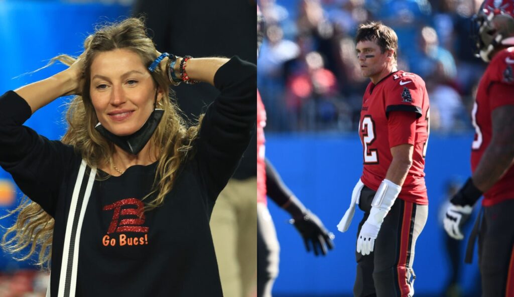 One photo shows Gisele with her hands behind her head while the other shows Tom Brady looking upset on the field