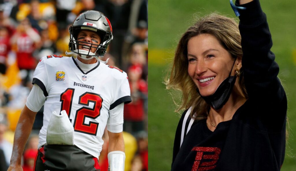 One picture shows Tom Brady yelling during game and the other picture shows Gisele smiling after a Super Bowl win