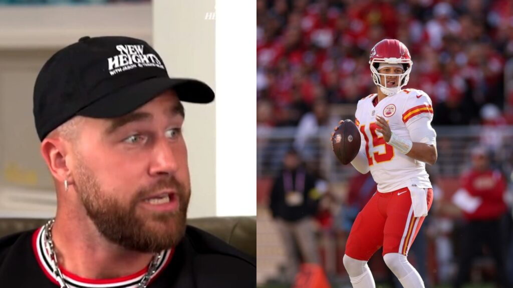 Travis Kelce looking to his left while Patrick Mahomes has a football in his hand