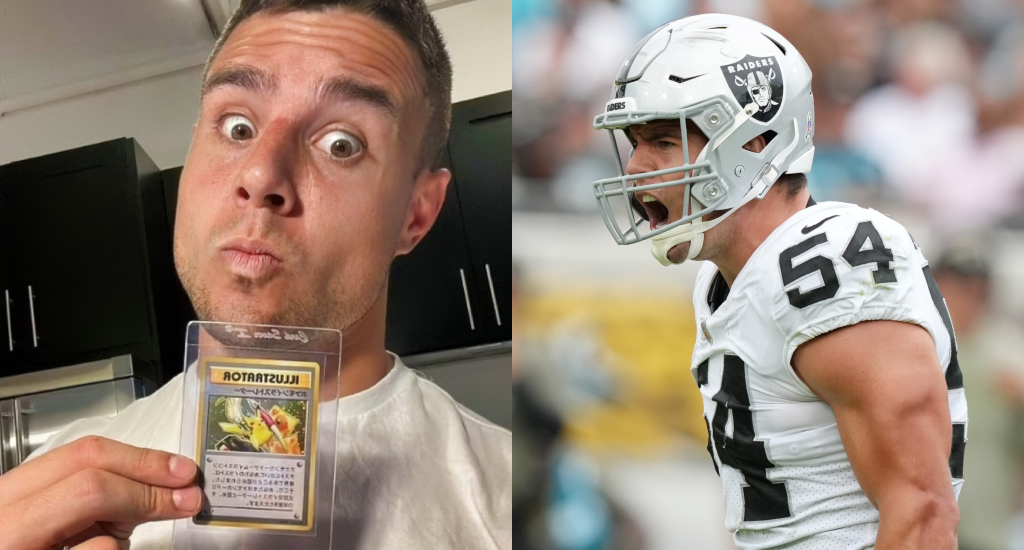 A pic of Blake Martinez holding rare pokemon card and Blake Martinez on the football field.