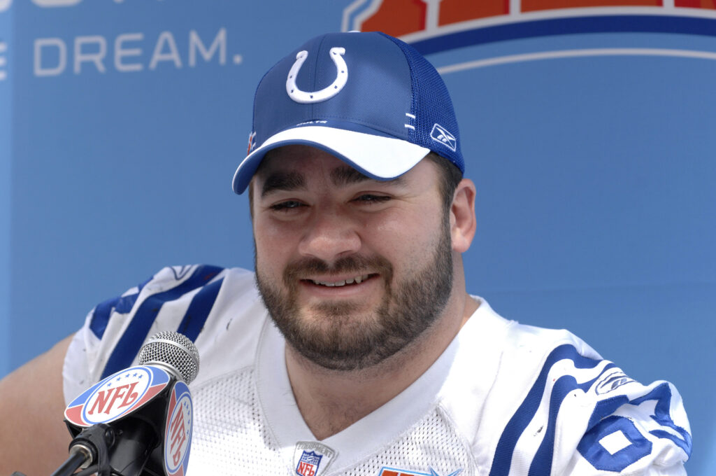 Jeff Saturday of the Indianapolis Colts speaks during Media Day prior to Super Bowl XLI at Dolphins Stadium in Miami, Florida