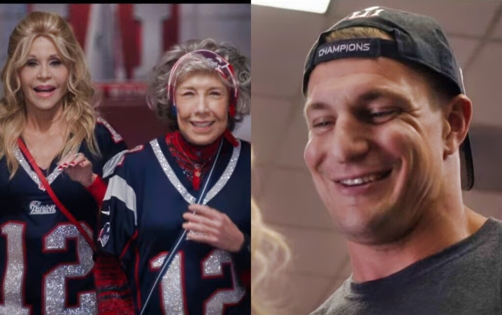 actresses for movie and Rob Gronkowski looking down while smiling