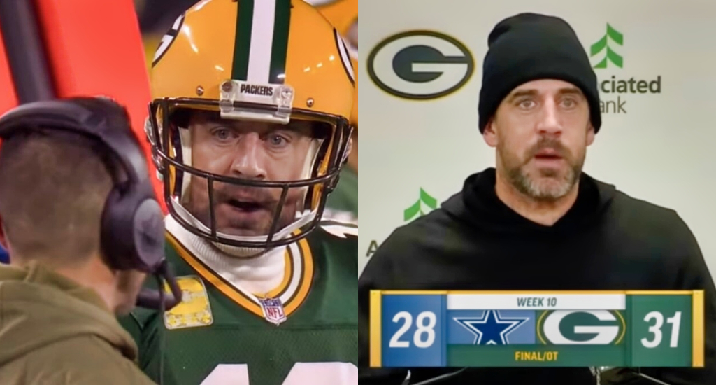 A pic of Aaron Rodgers yelling at head coach and a pic of Aaron Rodgers on the podium speaking.