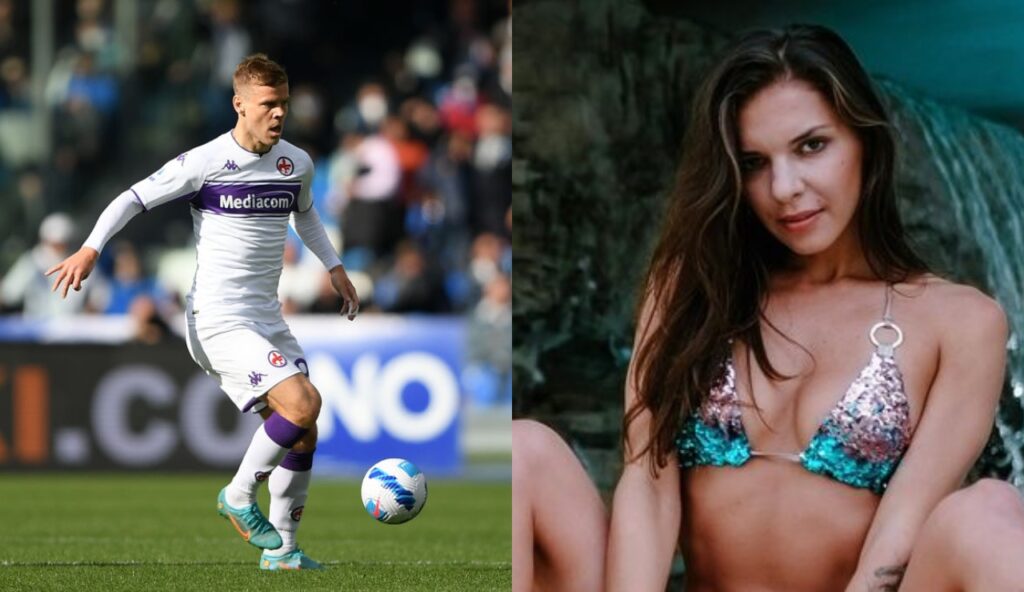 Aleksandr Kokorin kicking soccer ball while other picture shows Alina Henessy posing in bikini