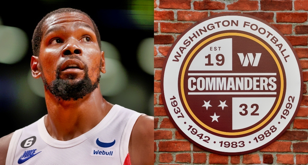 A pic of Kevin Durant on court and a pic of the Washington Commanders logo.