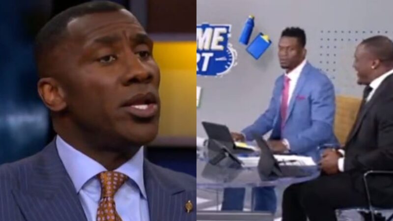 Shannon Sharpe in a suit while Benjamin Watson sits at desk