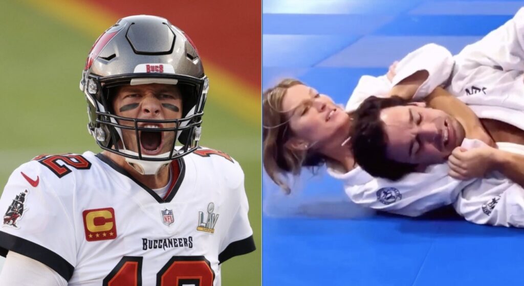 Tom Brady yelling in one image and Gisele applying a chokehold do her jiu-jitsu instructor in another.