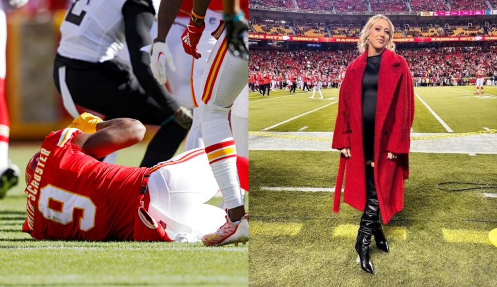 JuJu Smith-Schuster on ground while Brittany Mahomes posses for camera