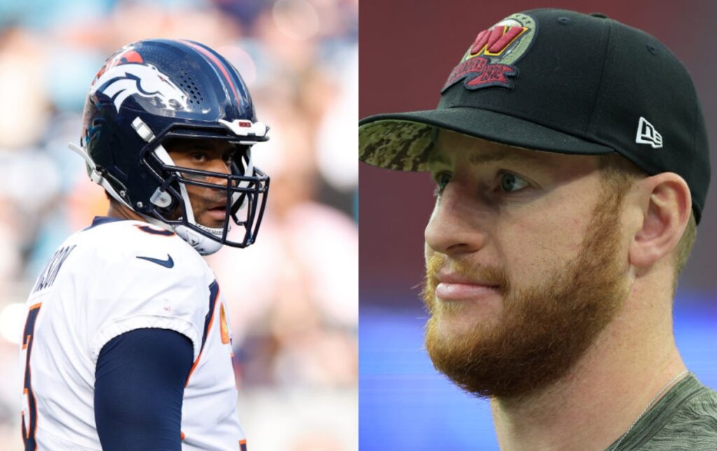 Carson Wentz in a Washington cap while Russell Wilson is in uniform