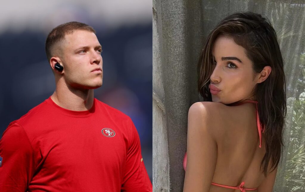 Christian McCaffrey with earphones in while other picture is Olivia Culpo making duck face in bikini
