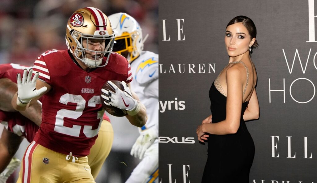 Christian McCaffrey running with football while Olivia Culpo posses in black dress