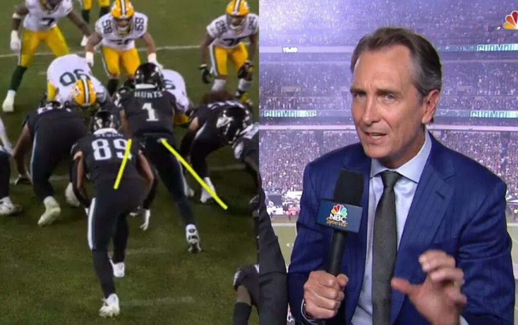 Cris Collinsworth speaking into mic while photo shows eagles doing a QB sneak