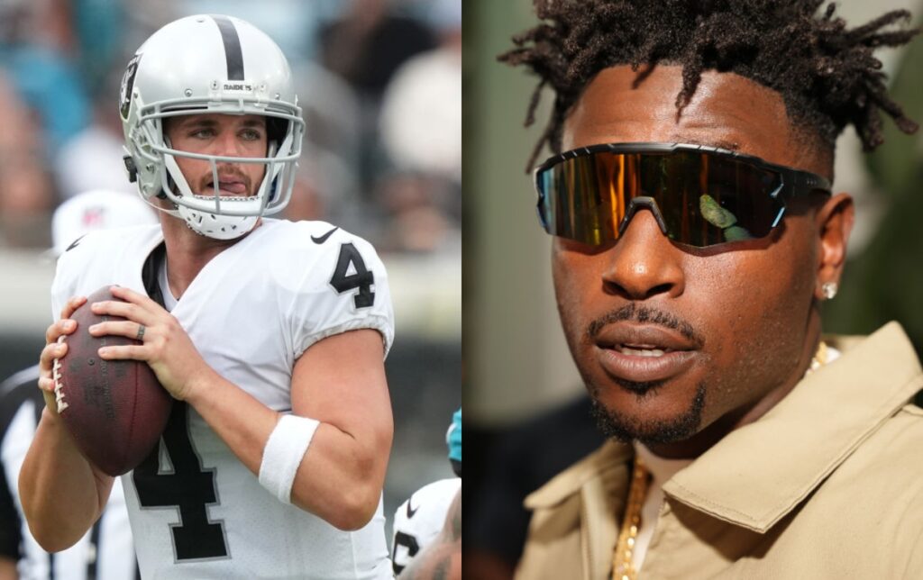 Derek Carr holding a football while Antonio Brown has sunglasses on