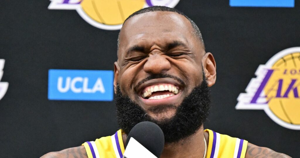 LeBron James laughs at a press conference