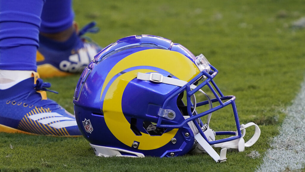 Los Angeles Rams helmet on the field.
