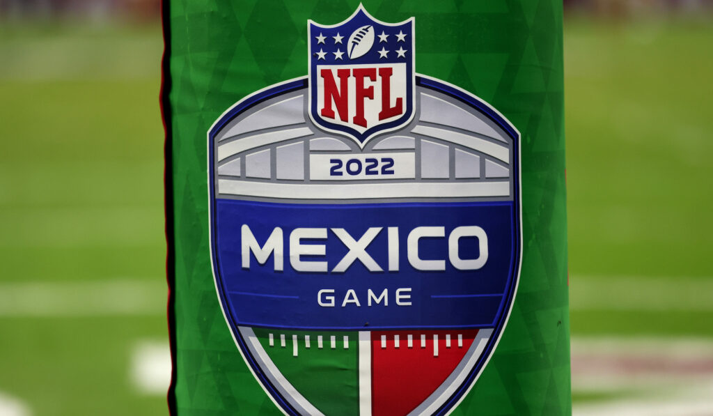 The NFL logo for the Mexico City game on the field goal post.
