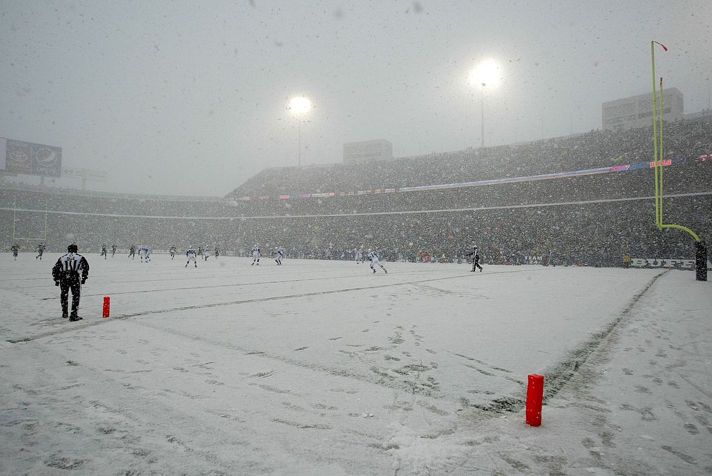 snow on a football field
