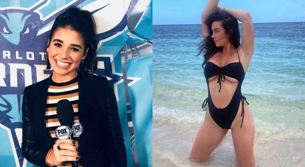 Hornets sideline reporter Ashley ShahAhmadi smiles with the mic in one photo, and Grizzlies reporter KJ Wright poses on the beach in another.