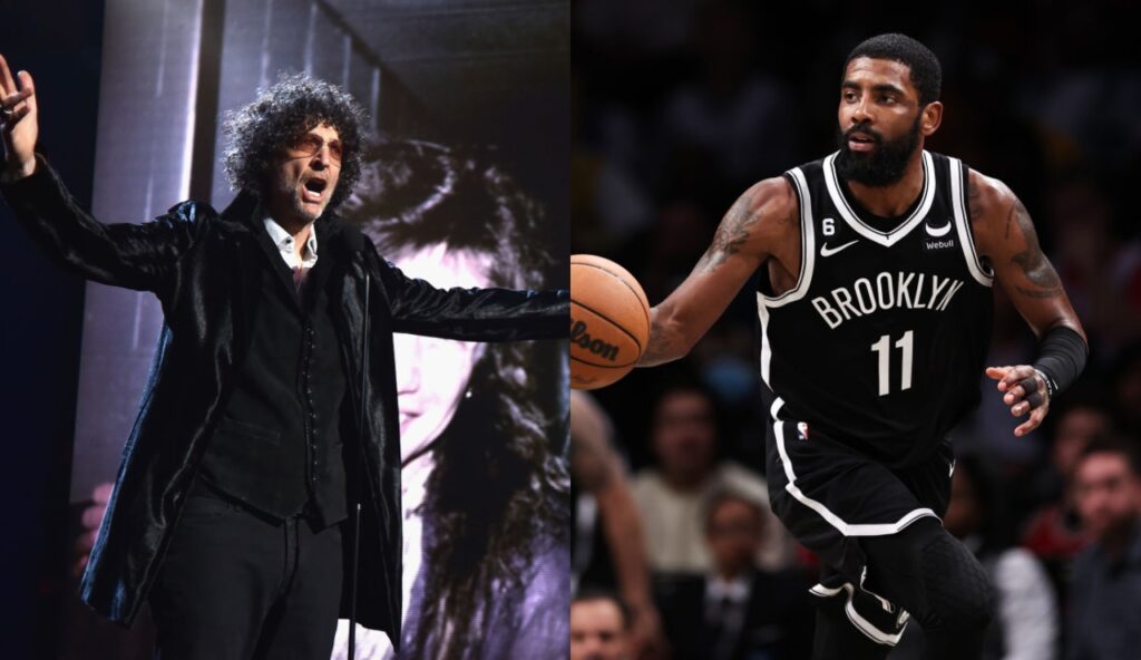 Howard Stern with his arms stretched out while Kyrie Irving is dribbling a ball