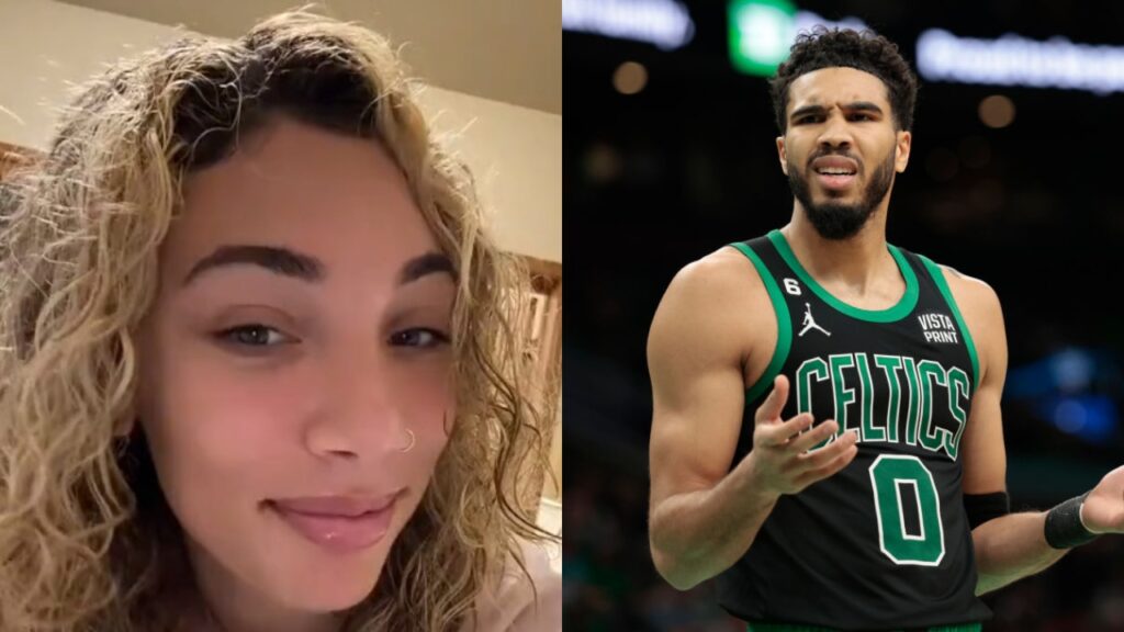 Camryn LaVine smiling at camera and Jayson Tatum with concerned look on face