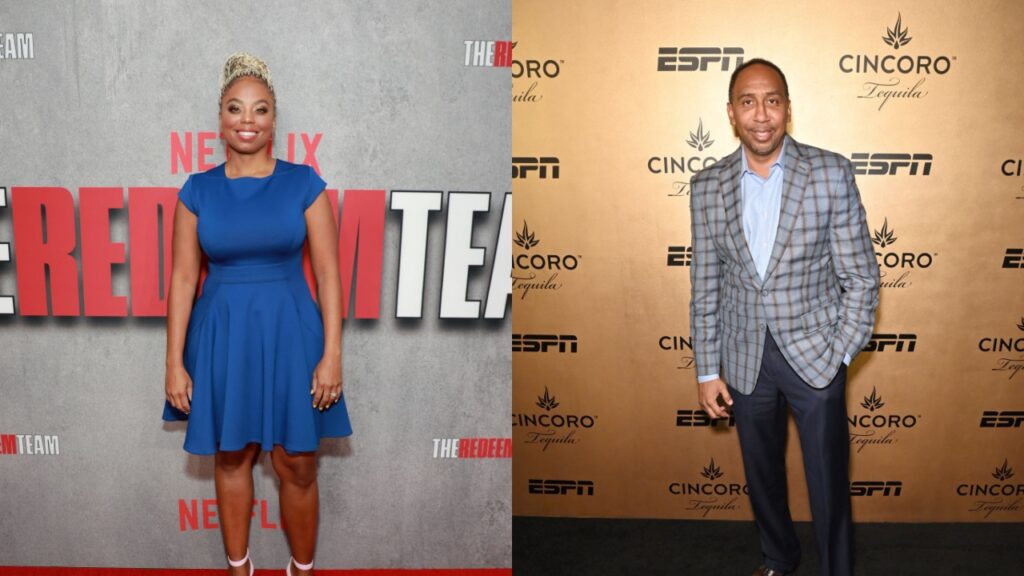 stephen a smith posing with his hand in pocket while Jemele Hill is standing and posing with dress on
