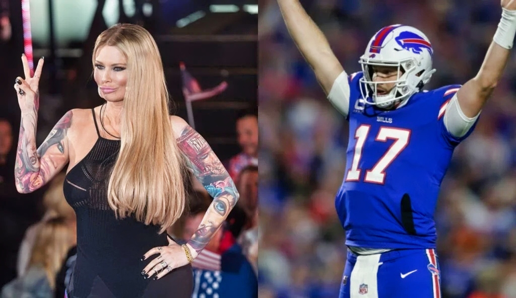 Jenna Jameson holding up a peace sign while Josh Allen has his hands up