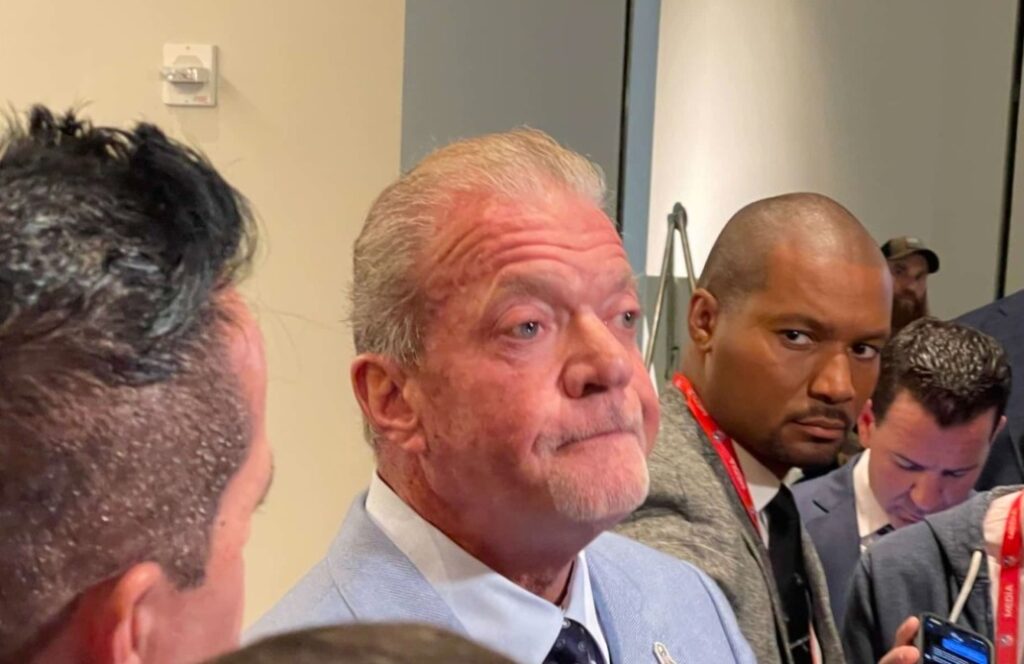 Jim Irsay in front of reporters