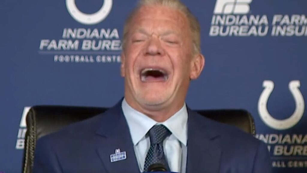 Colts owner Jim Irsay laughs during a press conference.