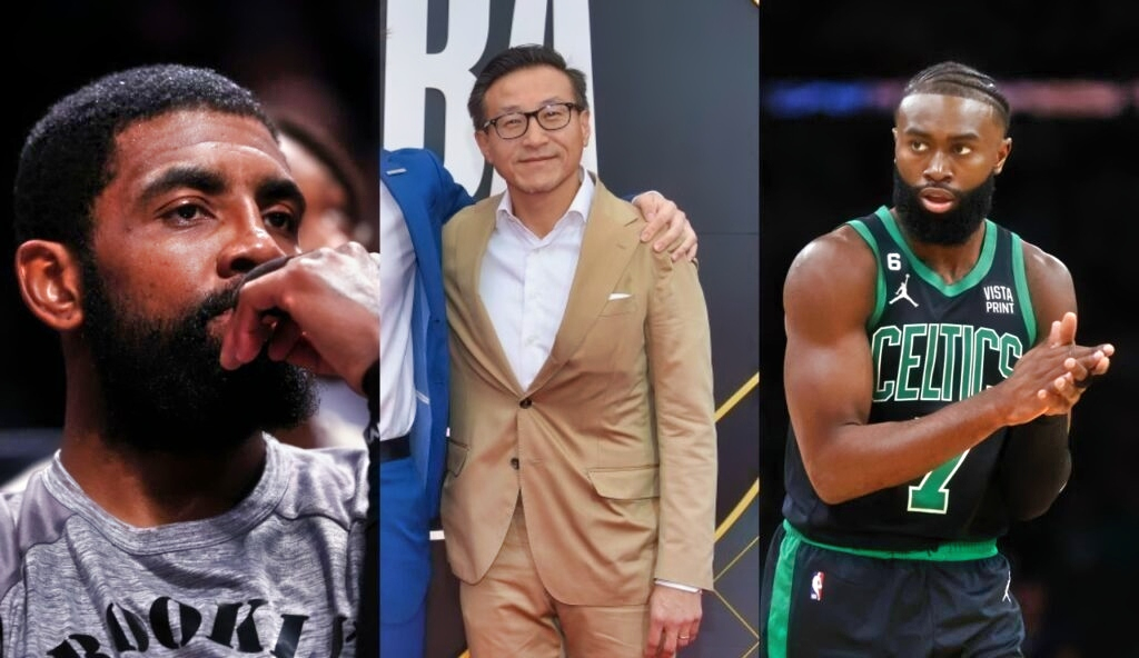 Jaylen Brown in uniform. Nets owner Joe Tsai in a  suit. Kyrie Irving with his hand by his mouth