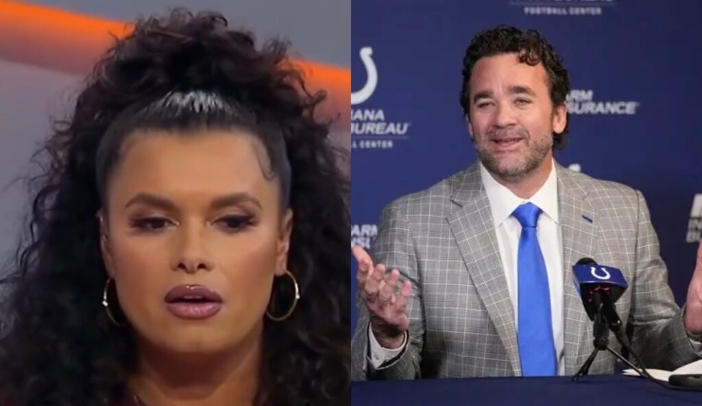 Joy Taylor with her mouth open while Jeff Saturday has his hands up with a suit on