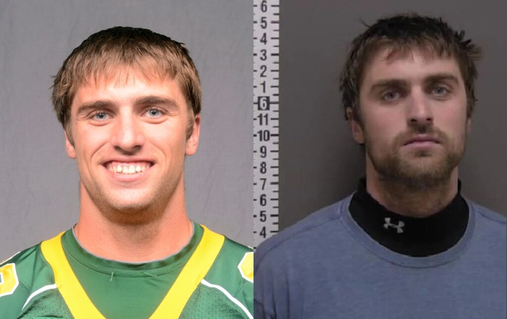 Justin Arp posing for football photo while other picture shows him in a mug shot