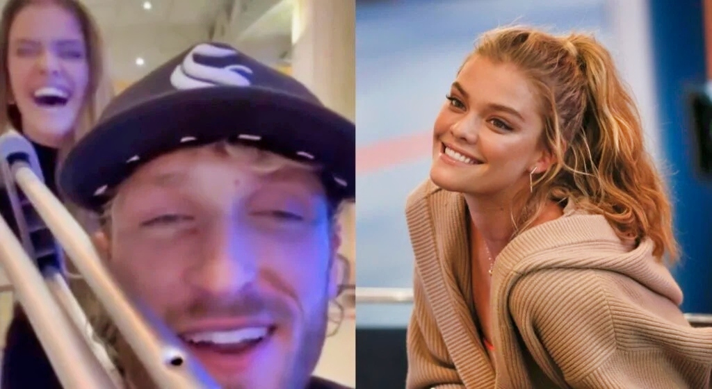 Nina Agdal pushes Logan Paul in a wheelchair in one photo, while Nina Agdal smiles and poses in another.
