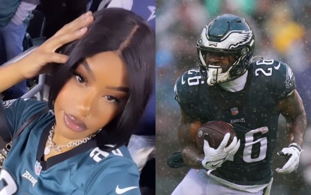 Miles Sanders running with football while his ex-gf poses for selfie
