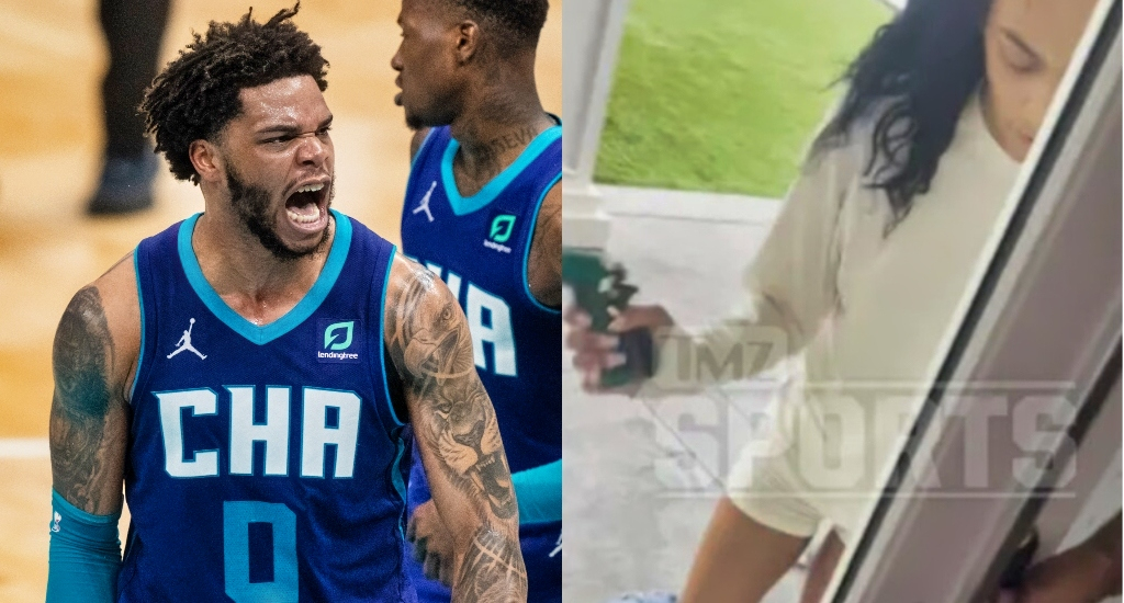 A pic of Miles Bridges on the court yelling and a pic of Miles Birdges girlfriend trying to break into his house.
