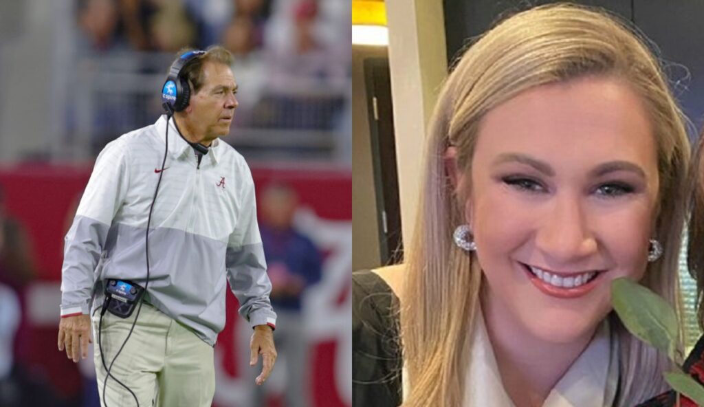 Nick saban on the sidelines while his daughter poses for picture
