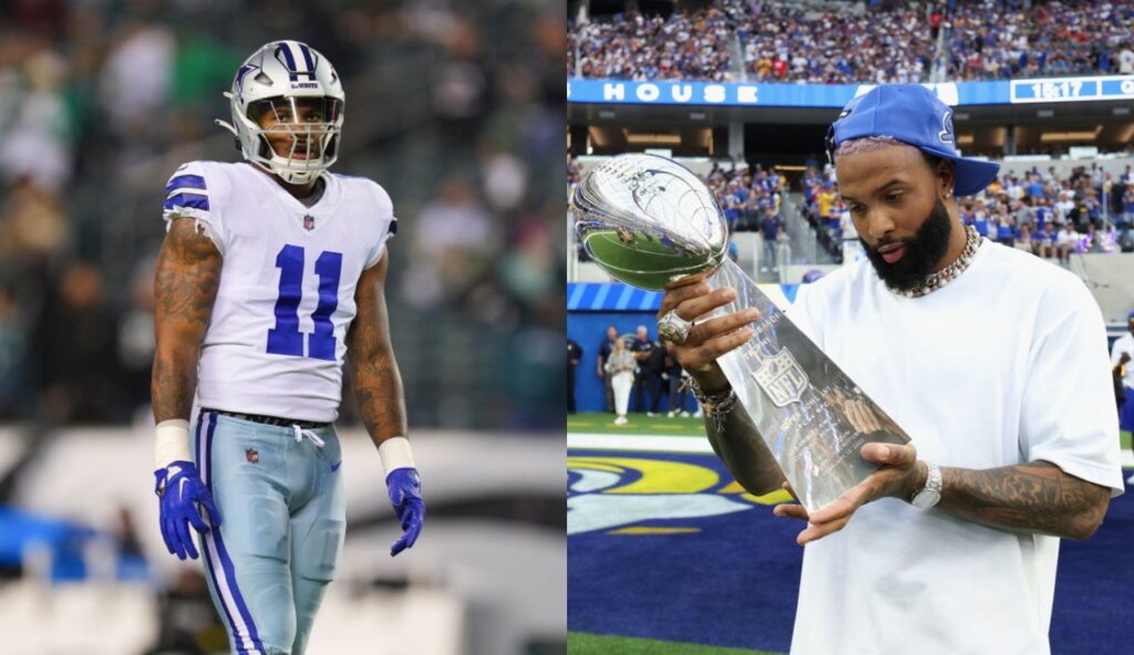 Odell Beckham Jr. holding trophy while Micah Parsons is in uniform