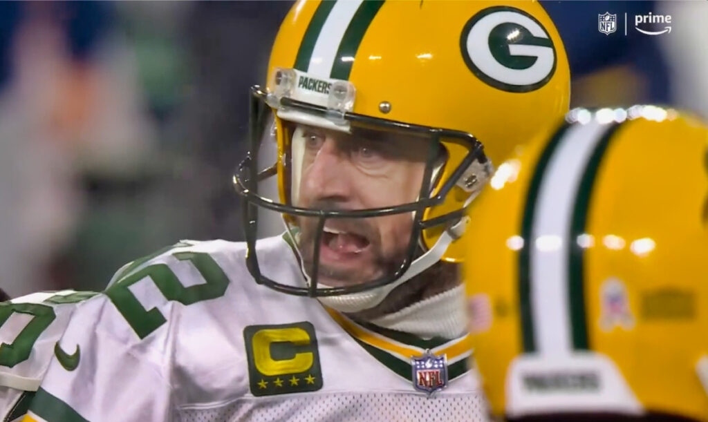 Aaron Rodgers of Green Bay Packers yelling during game.