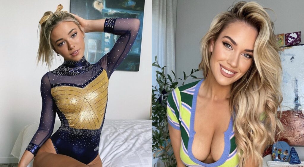 Olivia Dunne her gymnastics outfit and Paige Spiranac in a low-cut shirt.