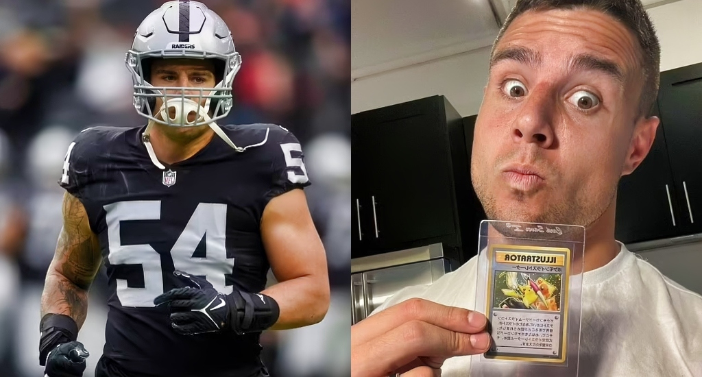 A pic of raiders Blake Martinez on the field and a pic of Blake Martinez holding his rare pokemon card.