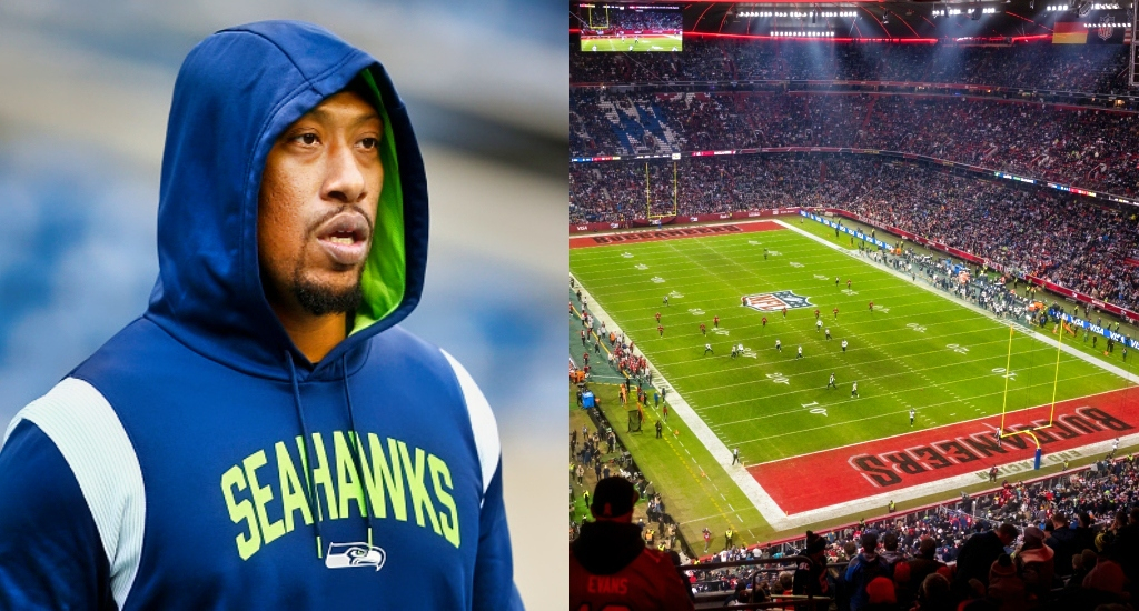 A pic of Bruce Irvin with a hoodie on and a pic of the field in Munich, Germany.
