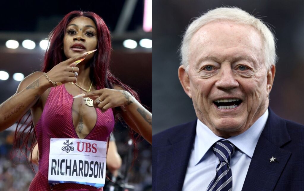 Sha'Carri Richardson in a track suit with long legs while Jerry Jones is in a blue suit with his mouth open