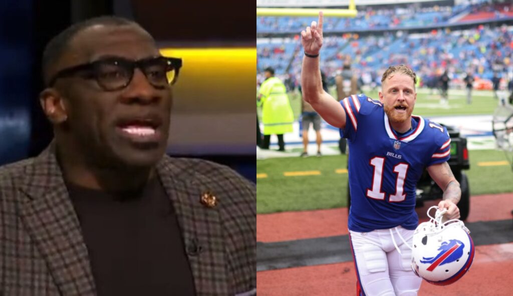 Shannon Sharpe speaking on show while Cole Beasley raising his finger while running