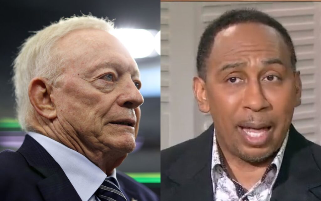 Stephen A. Smith with suit on and mouth open while Jerry Jones has look of concern on his face