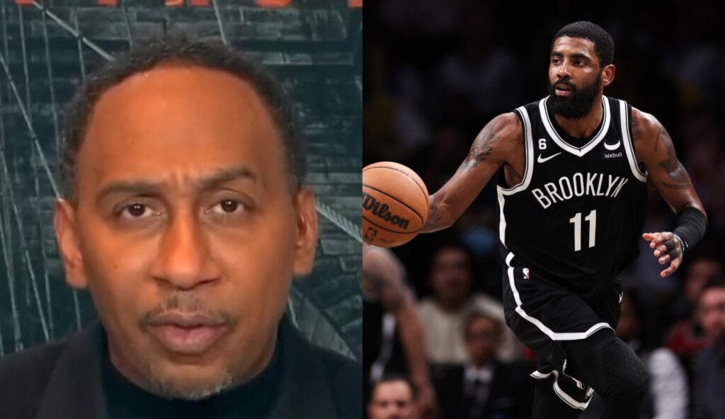 Stephen A. Smith talking while Kyrie Irving is dribbling a ball