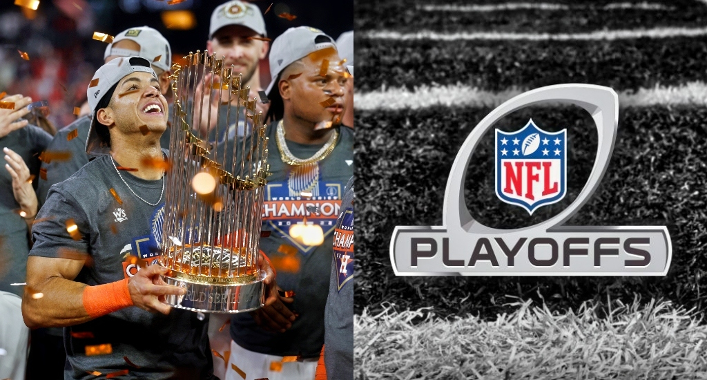 A pic of Astros Jeremy Pena raising World Series trophy and a pic of the NFL playoffs logo.