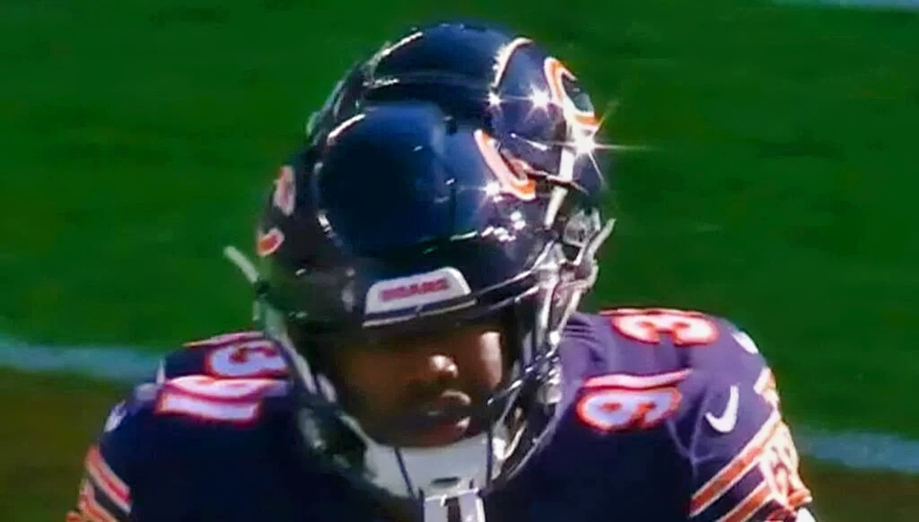 Bears defensive end Dominique Robinson with two mouthguards on his helmet.