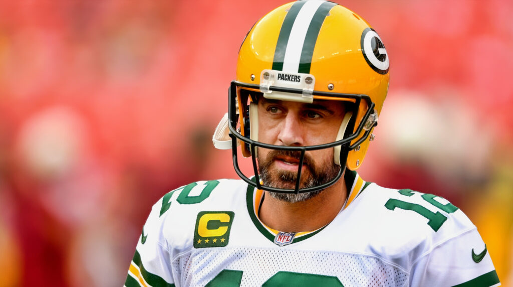 Aaron Rodgers #12 of the Green Bay Packers looks on during warmups before the game