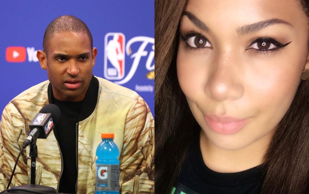 Al Horford at podium with mic in his face while Anna Horford is taking a close-up selfie
