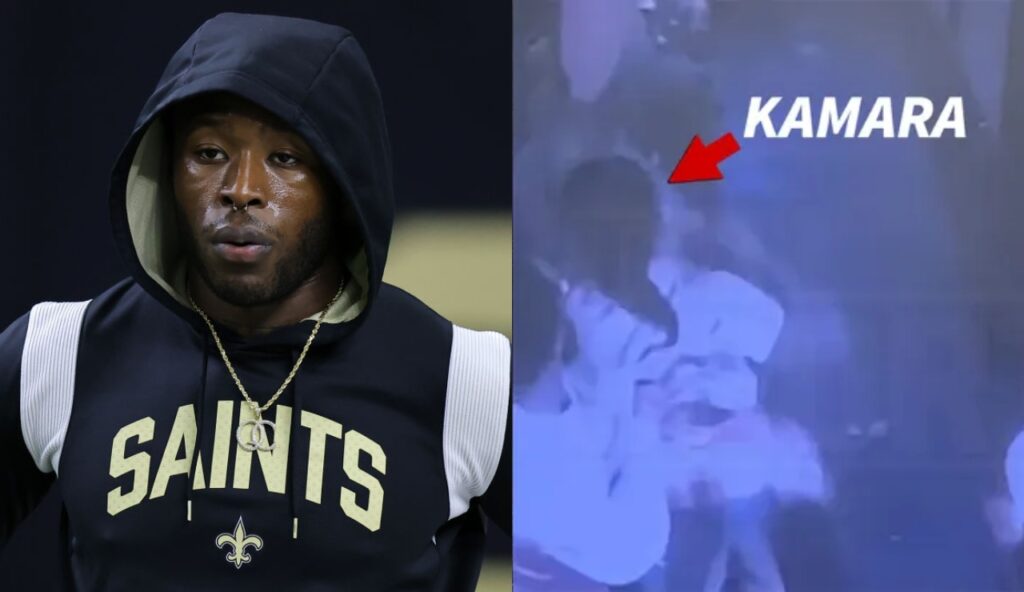 Alvin Kamara in a Saints hoodie while other picture shows grainy video of Alvin Kamara assaulting man